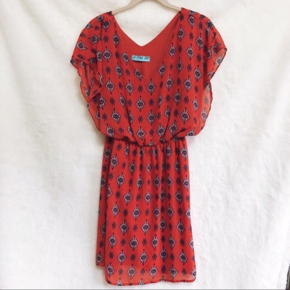 Aina Be Vibrant Red Patterned Flutter Sleeve V-Ne… - image 7